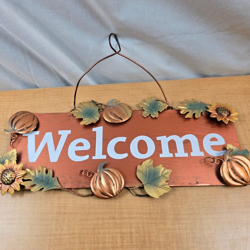 Thanksgiving Halloween Fall Autumn Hanging Welcome Sign Tin ~13"x7" Orange